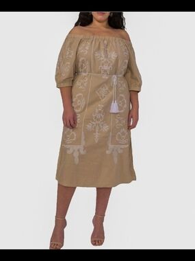 Vince Camuto Tan Linen Blend Embroidered Midi Dress Puff Sleeve Boho Size 3x